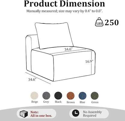 34.6”Modular Sectional Armless Middle Sofa Seat Boneless Corduroy Cloud Chair for Living Room,Blue