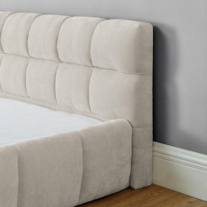 KEIKI King Thick Chenille Platform Bed Frame with Upholstered Tufted Headboard, Modern Solid Wood Floor Platform for Bedroom, No Box Spring Needed