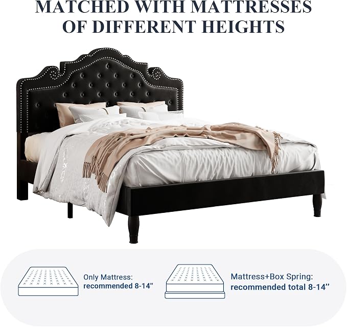 Allewie Full Size Bed Frame with Adjustable Velvet Tiara Headboard, Upholstered Diamond Button Tufted Platform Bed, Wood Slats Support, No Box Spring Needed, Black