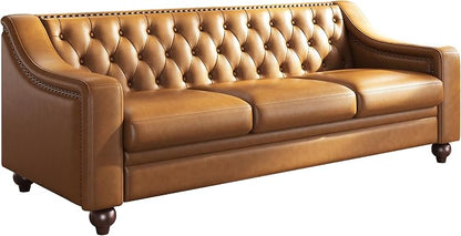 AMERLIFE 80" Leather Sofa, Modern Chesterfield Genuine Leather Sofa, Tufted 3 Seater Brown Leather Couch with Curved Arms, Leather Couches for Living Room