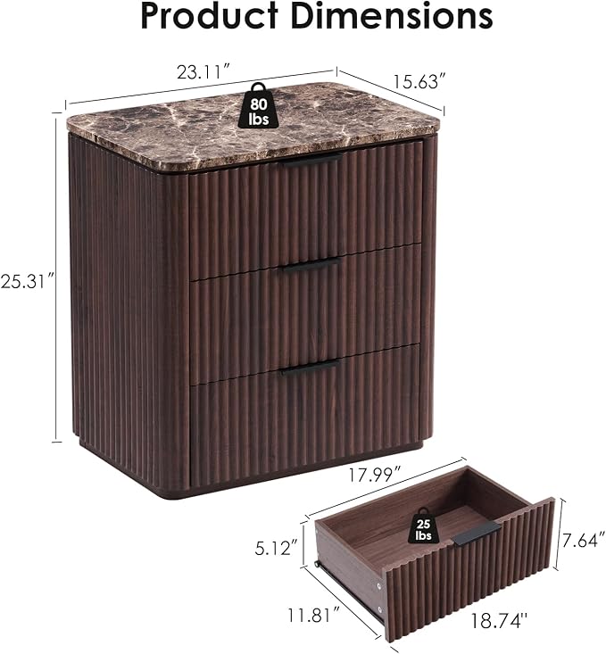 Fluted Nightstand Set of 2, 23" W Night Stand with 3 Drawers, Wood Bed Side Table with Faux Marble-Top, Curved Corner, Metal Handle, Modern Bedside Table for Bedroom, Living Room, Office, Dark Oak