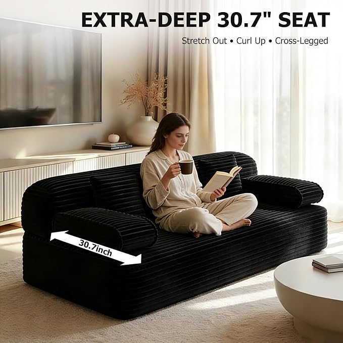 Convertible Sofa Bed, 78.7" Frameless Floor Sofa-in-a-Box, Corduroy Boneless Couch for Small Space Apartments, Queen Sleeper Sofa for Everyday Use, 3 Pillows Included, No Assembly (Black)