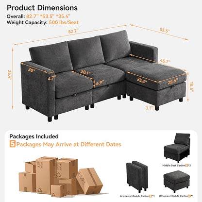 WUTUTUEE 83”Modular Convertible L Shaped Couch Set for Living Room, Modern 4 Seat Storage Modular Couch with Movable Ottoman, Chenille(Dark Grey)