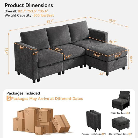 WUTUTUEE 83”Modular Convertible L Shaped Couch Set for Living Room, Modern 4 Seat Storage Modular Couch with Movable Ottoman, Chenille(Dark Grey)