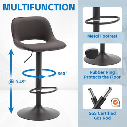 YOUNIKE Bar Stools Set of 2 Modern Swivel Barstools, Compact Adjustable Counter Height Bar Stools Faux Leather Upholstered Counter Stools with Hollow Back for Kitchen Island, Brown