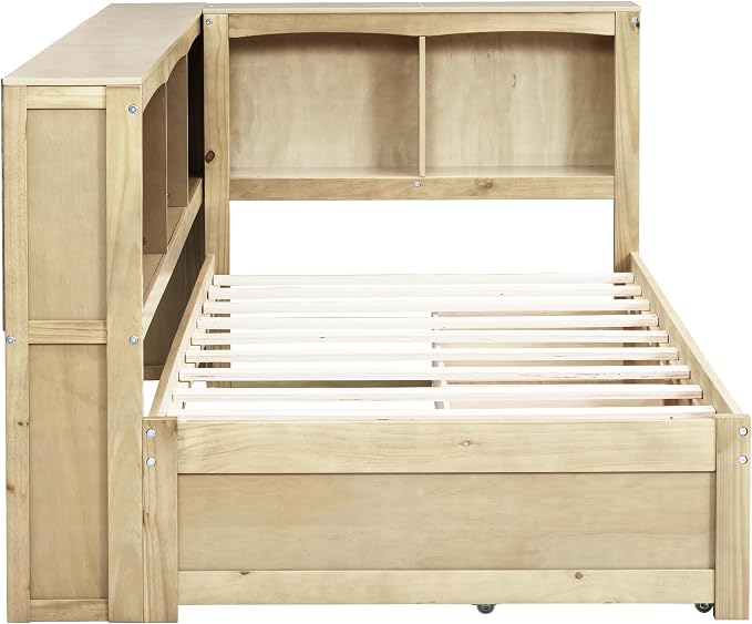 Bellemave Twin Corner Bed Frame with USB Ports, Wood Twin Size Daybed with L-Shaped Bookcase and 2 Drawers，Daybed with Storage Cabinets, Wood Color