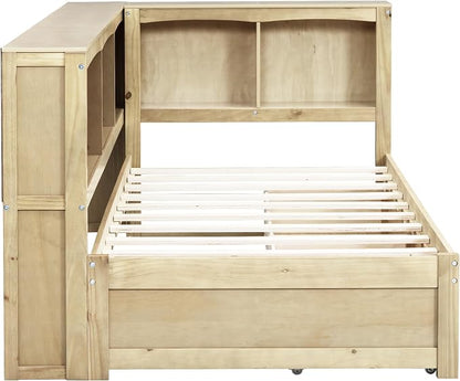 Bellemave Twin Corner Bed Frame with USB Ports, Wood Twin Size Daybed with L-Shaped Bookcase and 2 Drawers，Daybed with Storage Cabinets, Wood Color
