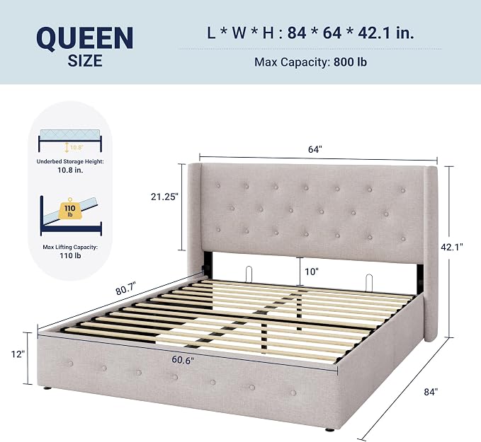 Allewie Queen Size Lift Up Storage Bed, Button Tufted Headboard with Wingback, Hydraulic Support, No Box Spring Needed, Light Beige