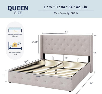 Allewie Queen Size Lift Up Storage Bed, Button Tufted Headboard with Wingback, Hydraulic Support, No Box Spring Needed, Light Beige