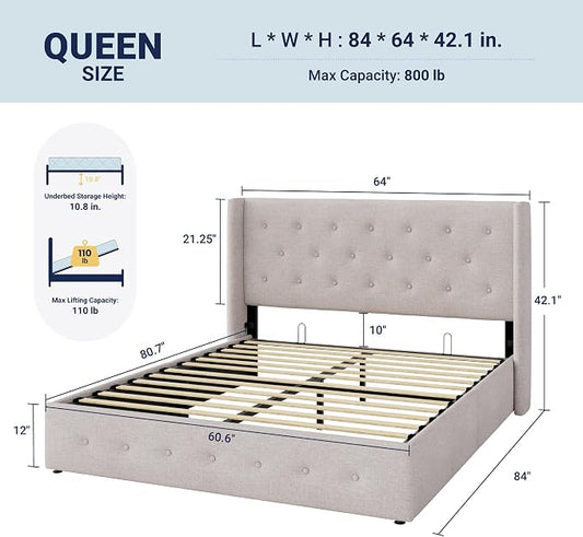 Allewie Queen Size Lift Up Storage Bed, Button Tufted Headboard with Wingback, Hydraulic Support, No Box Spring Needed, Light Beige
