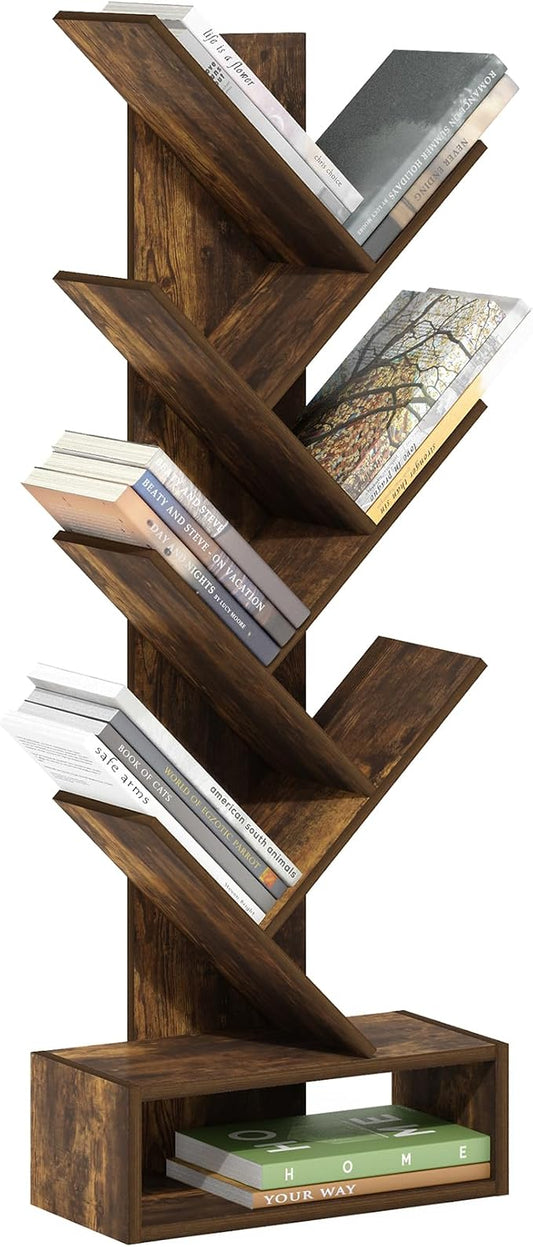 Furinno Tree Book Shelf, 7-Tier Bookshelf, Tree Bookcase with Bottom Shelf, 8.4 x 16.9 x 46.2, for Living Room, Bedroom, Home Office, Amber Pine
