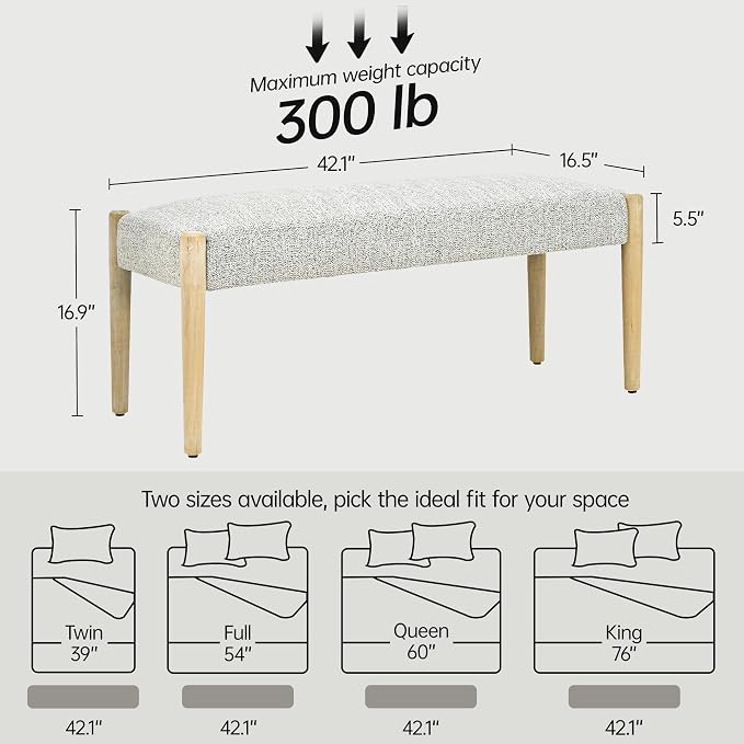 Usaint 42" End of Bed Bench, Modern Upholstered Bedroom Bench with Rubberwood Legs, Entryway Bench with Cushion, Dining Bench for Living Room, Bedroom, Heathered Off-White with Oak Leg