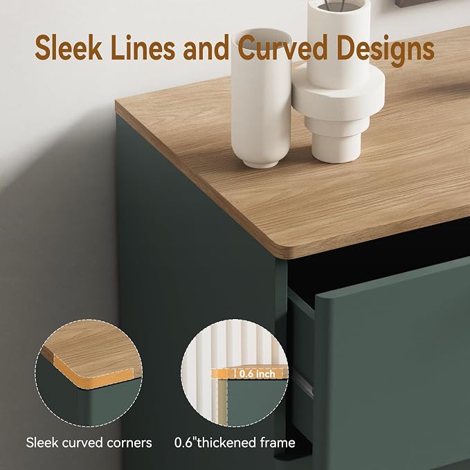 3 Pieces of Dresser and Nightstand Set,47.2" Width 7-Drawer Dresser & 3-Drawer Nightstands Set of 2 w/Gold Metal Handle, Modern Design for Bedroom,Green & Brown