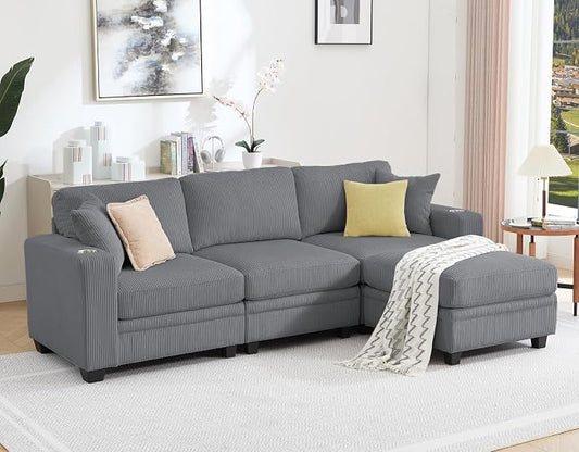 97" Modular Sectional Sofa with Storage, Corduroy 4-Seater L-Shaped Sofa with Ottoman Chaise, Cloud Sectional Couches for Living Room, Apartment
