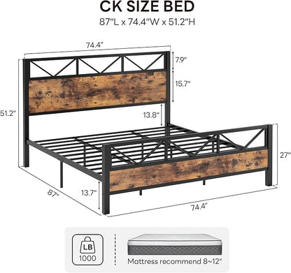 LIKIMIO California King Bed Frame, Tall Industrial Headboard 51.1 ", Platform Bed Frame with Strong Metal Support, Solid and Stable, Noise Free, No Box Spring Needed, Easy Assembly, Vintage Brown