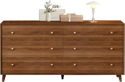 Messenya 6 Drawer Dresser for Bedroom, 55 Inch Walnut Dresser for Closet, Mid Century Wood Chest of Drawers with Natural Texture & Pre-Embedded Slots for TV Stand, Living Room, Hallway, Office