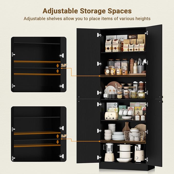 Cyclysio 80" Kitchen Pantry, Extra Tall Arch Storage Cabinet with 4 Soft Close Doors and Adjustable Shelves, Freestanding Wood Cupboard with Seamless Fit Wall for Dining Living Room (Black, 1 Pack)