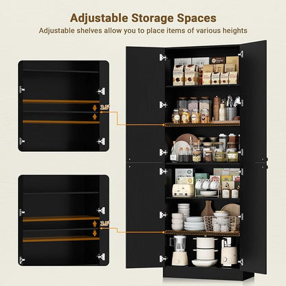 Cyclysio 80" Kitchen Pantry, Extra Tall Arch Storage Cabinet with 4 Soft Close Doors and Adjustable Shelves, Freestanding Wood Cupboard with Seamless Fit Wall for Dining Living Room (Black, 1 Pack)