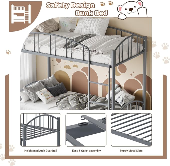 GarveeHome Metal Bunk Bed Twin Over Twin, Heavy Duty Bunkbeds Frame with Arched Guardrail and Safety Ladder, Sturdy Steel Bed for Kids Boys Girls, Space-Saving, No Box Spring Needed, Gray