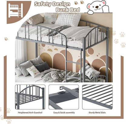 GarveeHome Metal Bunk Bed Twin Over Twin, Heavy Duty Bunkbeds Frame with Arched Guardrail and Safety Ladder, Sturdy Steel Bed for Kids Boys Girls, Space-Saving, No Box Spring Needed, Gray