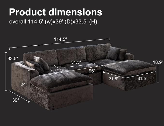 115" Modular Sectional Sofa – Modern Cloud Couch with Deep Chenille Seats, U-Shaped Boneless Sofa, Pet-Friendly, No Assembly, Gray (3 Seater + 2 Ottoman)