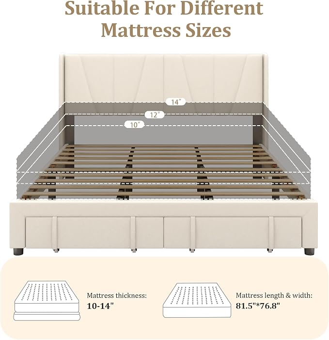 King Bed Frame with Storage Drawers, Velvet Upholstered Platform Bed with 47" Tall Headboard and Wingboard, No Box Spring Needed, No Noise, Easy Assembly, Wooden Support Slats, Beige