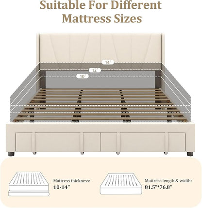 King Bed Frame with Storage Drawers, Velvet Upholstered Platform Bed with 47" Tall Headboard and Wingboard, No Box Spring Needed, No Noise, Easy Assembly, Wooden Support Slats, Beige