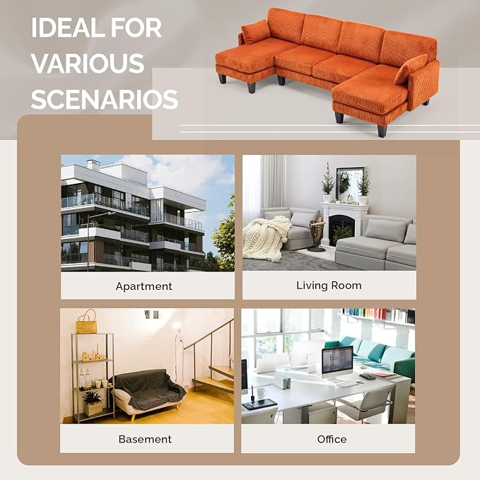 VINGLI 108" W U-Shaped Sectional Couches for Living Room, Sturdy Wooden Armrest Corduroy Cloud Couch with Double Chaise, High Support Modern 4-Seat Sectional Sofa for Apartment, Offices, Orange
