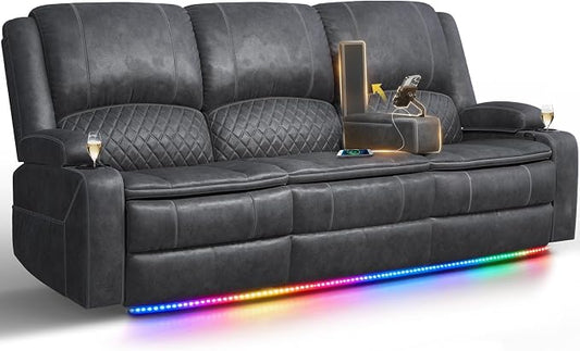 2026 Upgraded Recliner Sofa 3 Seater Couch with Recliner, Home Theater Seating with Liftable Console & Removable Armrest, Manual PU Leather Sofa Reclining with Storage & USB Ports (Velvet,Grey)