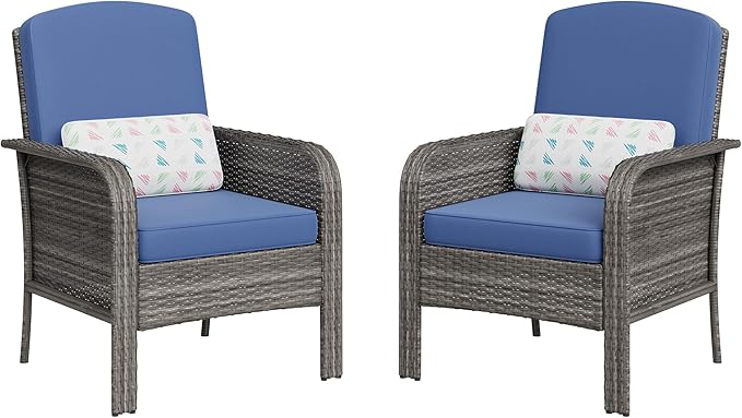 Garvee 2 Pieces Patio Furniture Set, Outdoor Wicker Chairs of 2,All Weather High Back Rattan Chairs 2-Seater with Comfy Cushions for Porch Deck,Gray & Blue