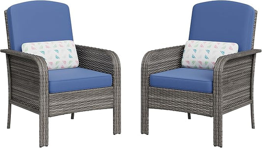 Garvee 2 Pieces Patio Furniture Set, Outdoor Wicker Chairs of 2,All Weather High Back Rattan Chairs 2-Seater with Comfy Cushions for Porch Deck,Gray & Blue