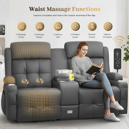 Reclining Loveseat, Massage Loveseat Recliner Sofa Heavy Weight Capacity, RV Love Seat Chair Clearance with Console, USB, Type C Port, Storage, Cup Holders, Wall Hugger Couch for Living Room