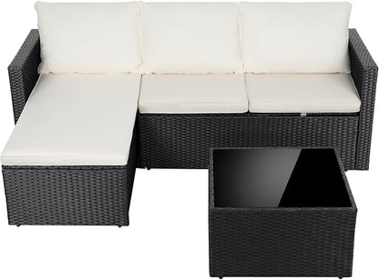 Shintenchi 4 Pieces Patio Furniture Set, 2-in-1 Convertible Sectional Sofa & Chaise Lounge, All-Weather Wicker Rattan Sofa Couch with Cushions & Coffee Table for Yard, Garden, Porch, Poolside (Beige)