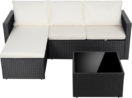 Shintenchi 4 Pieces Patio Furniture Set, 2-in-1 Convertible Sectional Sofa & Chaise Lounge, All-Weather Wicker Rattan Sofa Couch with Cushions & Coffee Table for Yard, Garden, Porch, Poolside (Beige)