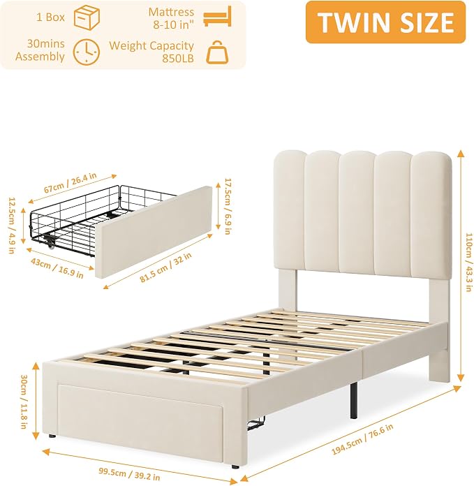 GarveeHome Twin Bed Frame with Under-Bed Drawer, Upholstered Platform Bed with Wave Headboard for Kids/Girls, Wooden Slats Support, No Box Spring Needed, Beige