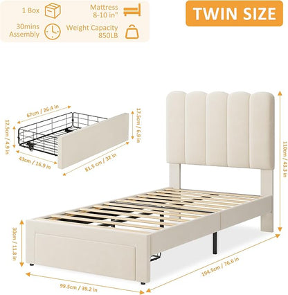 GarveeHome Twin Bed Frame with Under-Bed Drawer, Upholstered Platform Bed with Wave Headboard for Kids/Girls, Wooden Slats Support, No Box Spring Needed, Beige