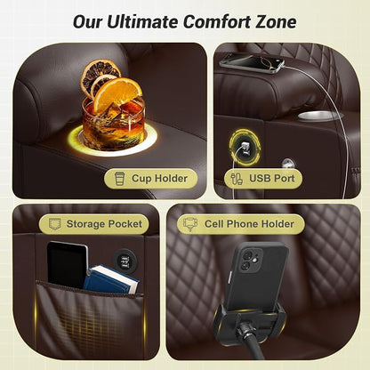 RV Loveseat Recliner Sofa, Reclining Loveseat Wall Hugger Recliners with USB Ports, Cup Holders, Insert Pockets, RV Recliners for Travel Trailers & Living Room, RV Furniture | RV Couch | Brown