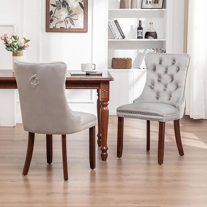 Mid Century Modern Dining Chair Set of 2 Velvet Upholstered Dining Accent Chair Farmhouse Dining Chairs with High Back and Nailhead Trim for Kitchen, Living Room, Bedroom (Light Gray)