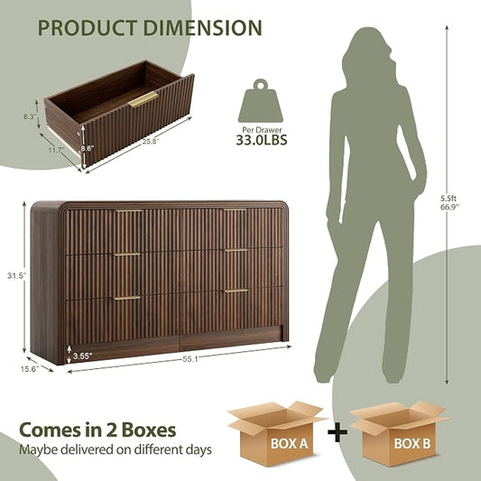 Decofy Fluted Drawers Dresser for Bedroom, Wood Dressers with Gold Handles, Modern Dressers with Wave Texture, Large Storage Chest of Drawers, Bedroom Dresser Organizer 55'' & 6 Drawers (Walnut)