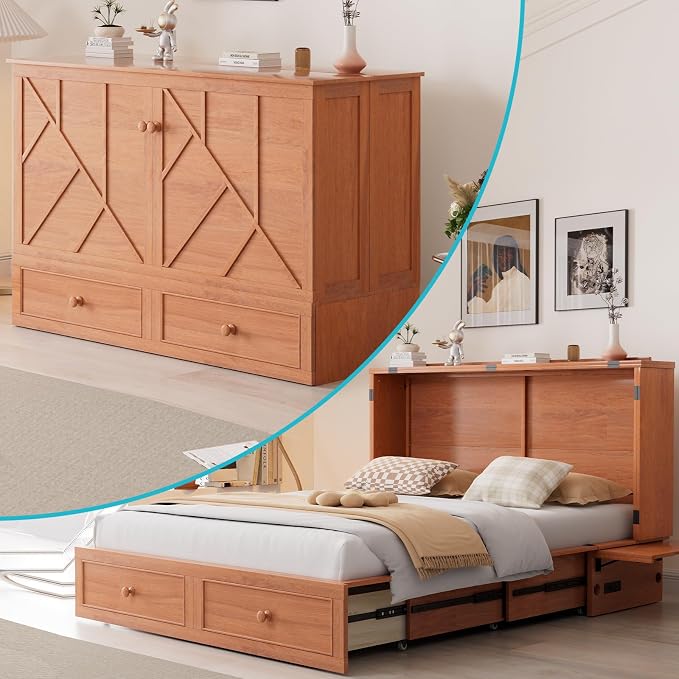 CECER Cherry Murphy Bed Cabinet with Mattress, Space-Saving Folding Bed