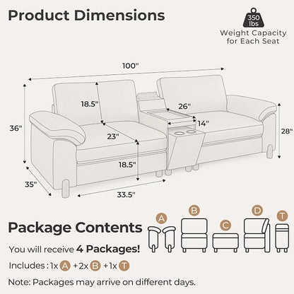 SITJOY Large Cloud Couch, 100" Wide Loveseat Sofa, Faux Leather in White | Pet-Friendly Scratch-Resistant Leather Sectional Sofas for Living Room, Deep Seat Wide Couch with Cuphoders