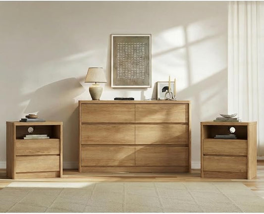 3 Pieces of Dresser and Nightstand Set,47.2" Width 6-Drawer Dresser & 2-Drawer Nightstands Set of 2,Nightstand with USB&Type C Charging Station&Outlets, Modern Design for Bedroom,Natural Oak