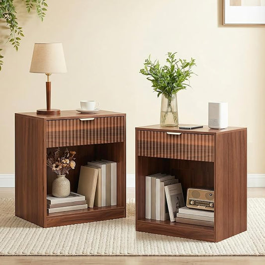 HOOBRO Fluted Nightstands Set of 2, Modern Bedside Tables with 1 Drawer and 1 Open Compartment, Wooden End Tables with Metal Handle, for Bedroom and Office, Walnut WL208BZP201