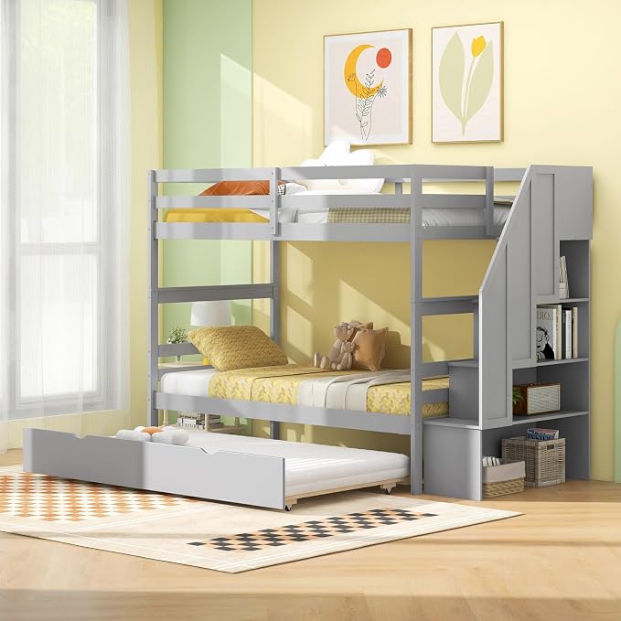 Giantex Bunk Bed Twin Over Twin with Trundle & Storage Stairs, Solid Wood Bunk Bed, Convertible to 2 Beds, Versatile Bunk Beds for Kids Teens Adults, Grey