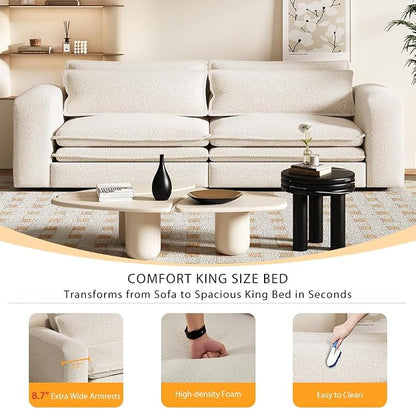 93" King Pull Out Sofa Bed, Boucle Sleeper Sofa Couch, Modern Wide Armrest, 3 in 1 Convertible Futon Couches for Living Room, Small Space, Apartment, Bedroom, Office, Beige