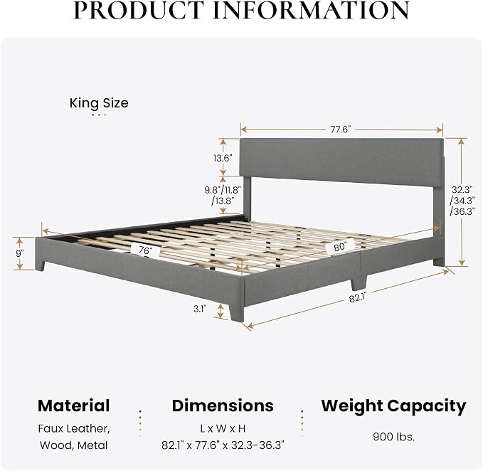 SHA CERLIN Linen Upholstered King Size Bed Frame with Headboard, Light Gray | Adjustable Low-Profile Platform Bed, Minimalist Design, Stable Mattress Foundation, Strong Back-Support, No Box Spring Needed