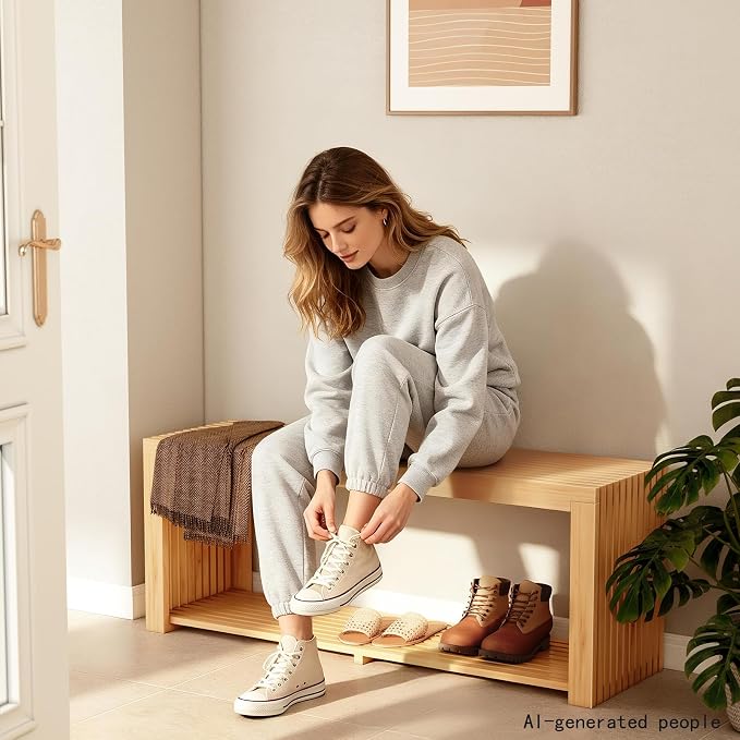 Bamboo Bench with Shelf, 35'' Entryway Bench Seat, Natural | Shoe Bench for Entryway, Hallway, Doorway, Modern Benches for End of Bed Bench, Low Bench for Window