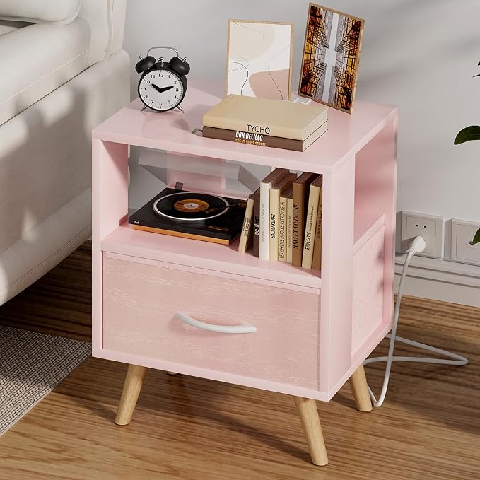 Aenuert Night Stand with Charging Station, Pink Kids Nightstand with Drawer, 2-Tier Nursery Bedside Table with USB Ports and Outlets, End Table for Small Space, Living Room, Bedroom