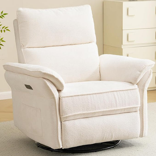 Oversized Power Recliner Chair Swivel Glider with Massage and Heat, Rocker Nursery Recliner for Adults with Adjustable Headrest, 26" Extra Wide Nursery Chair with Overstuffed Armrest,White