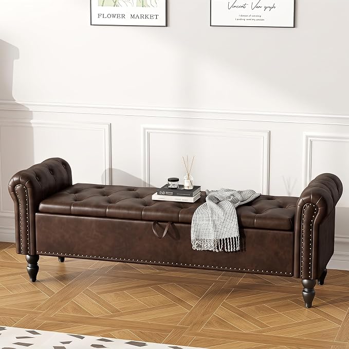 Furniliving 63” End of Bed Storage Bench, Bedroom Bench with Button-Tufted, Upholstered Storage Ottoman Benches Window Bench with Storage, Leather Bench for Living Room, Entryway, PU, BlackBrown